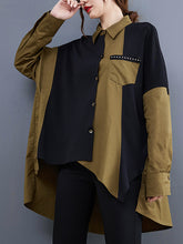 Contrast Color Stitching Mid-Length Loose Casual Long Sleeve Shirt